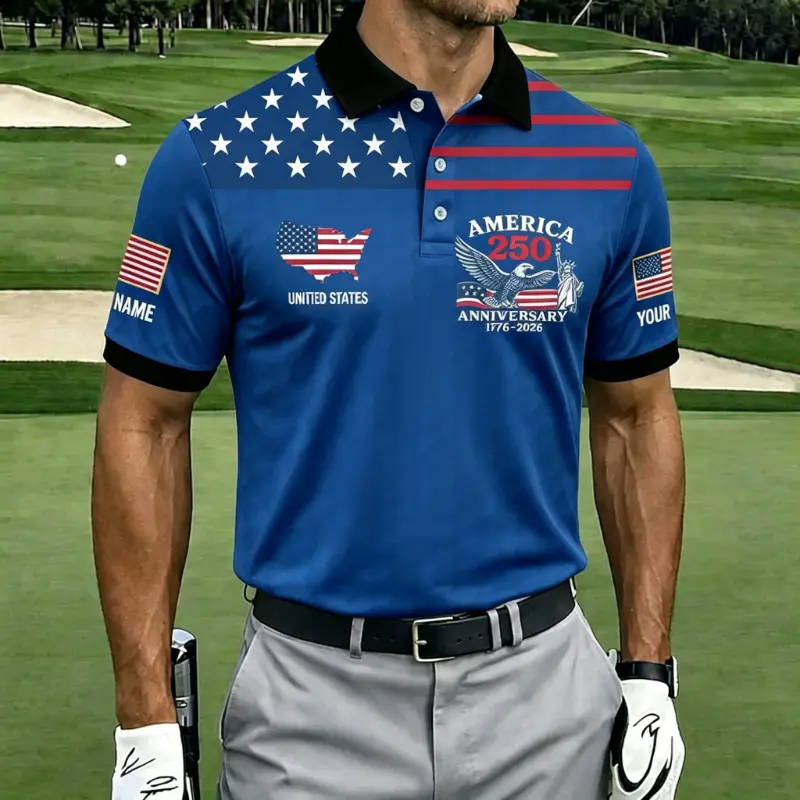 Men's Customizable America 250th Anniversary Golf Ball Texture USA Flag Short Sleeve Polo Shirt