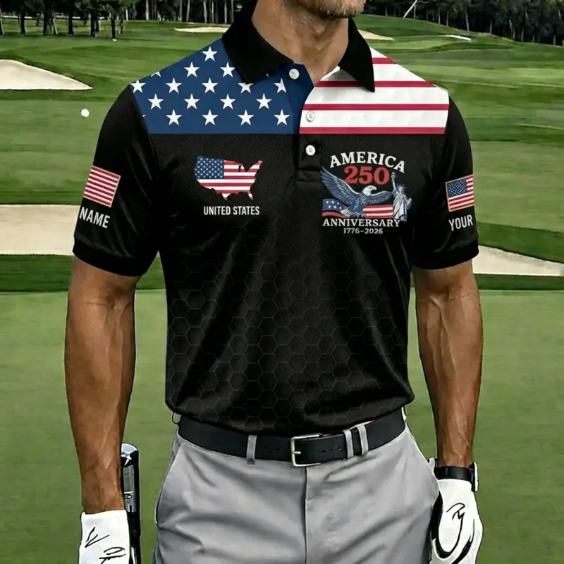 Men's Customizable America 250th Anniversary Golf Ball Texture USA Flag Short Sleeve Polo Shirt