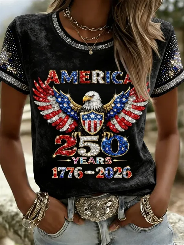 Women's Patriotic Eagle Rhinestone Short Sleeve T-Shirt