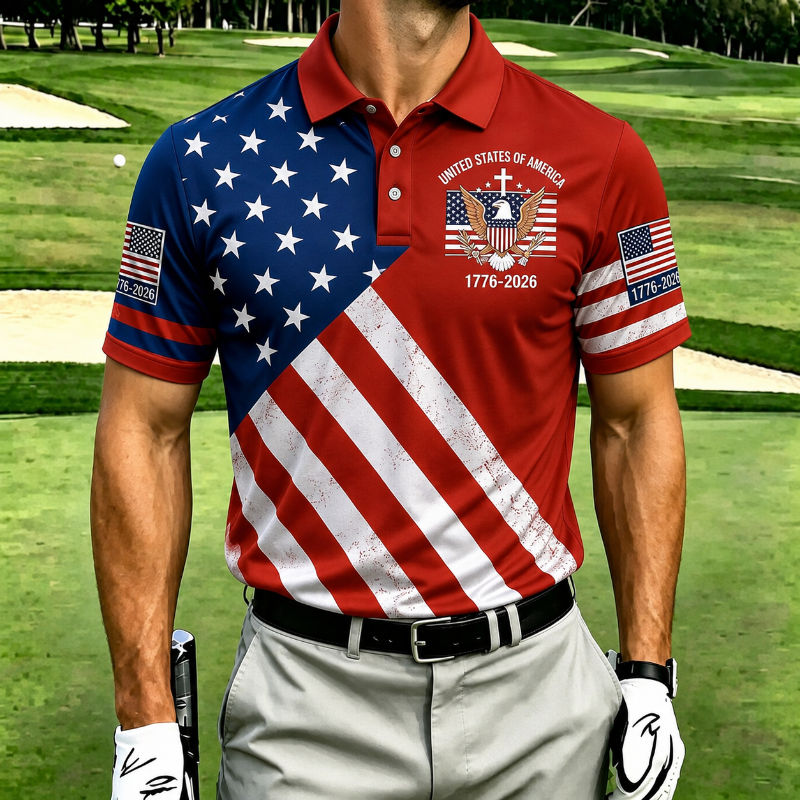 Men's Patriotic Eagle Flag Print Short Sleeve Golf Polo Shirt