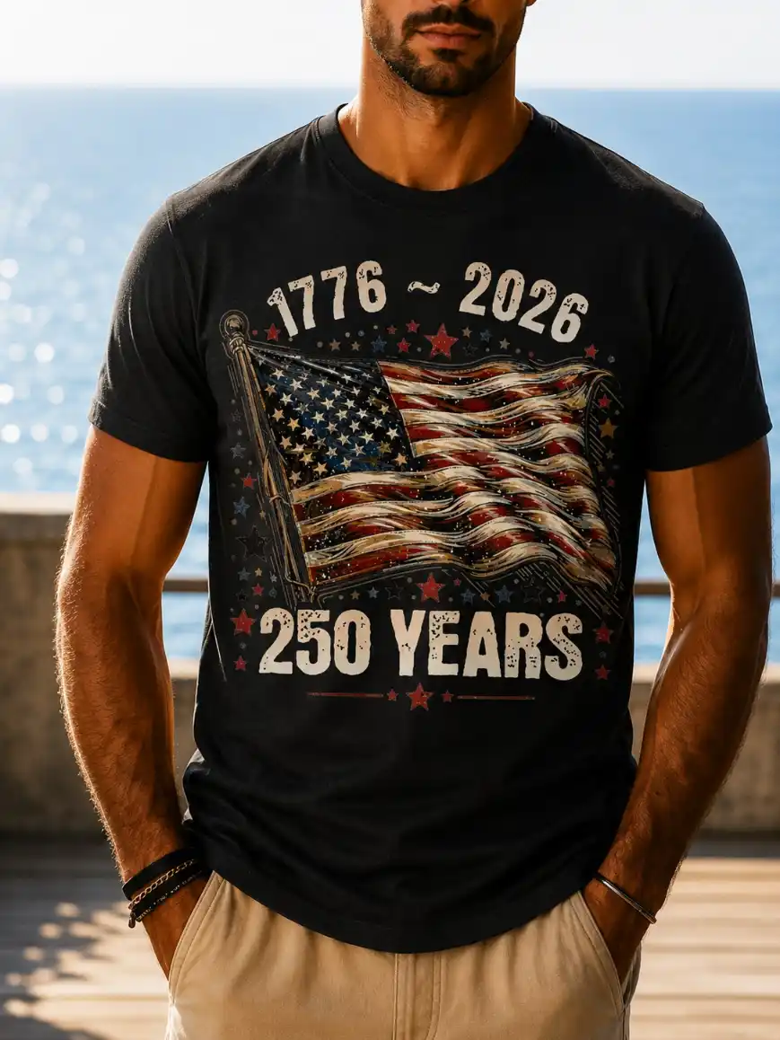 Men's Vintage Distressed USA Flag 1776-2026 250 Years Crew Neck Short Sleeve Casual Tee
