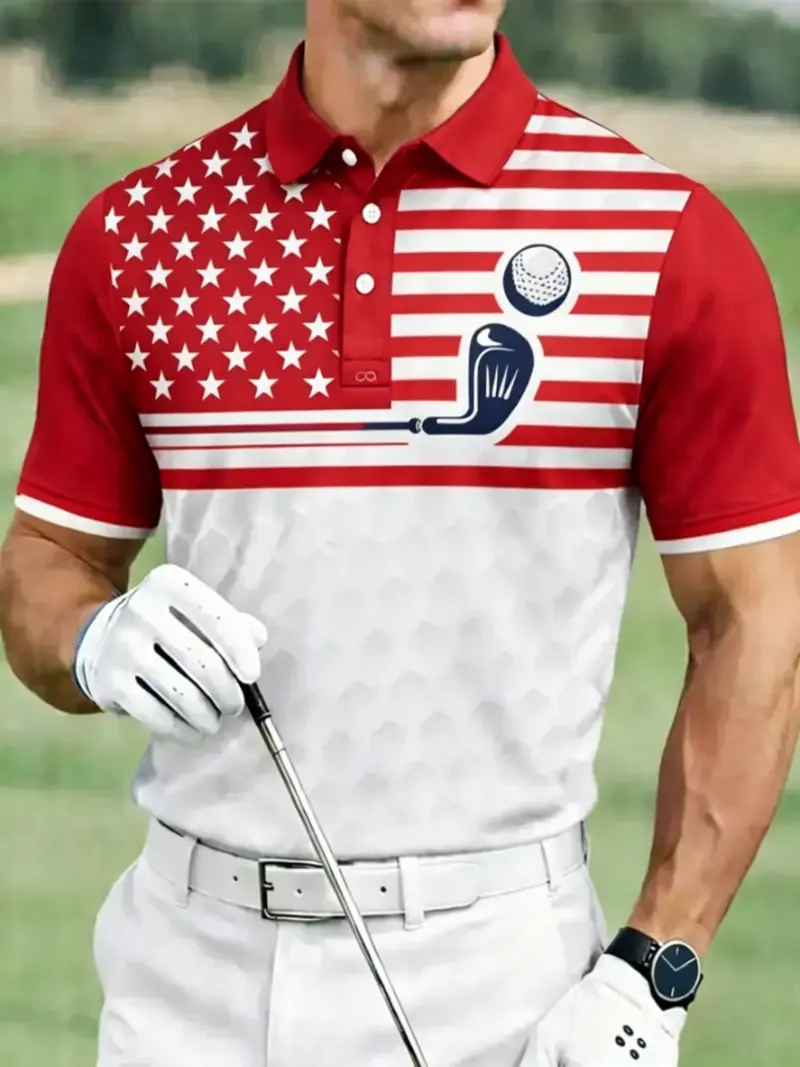 Men's American Flag Golf Club Print Golf Polo Shirt