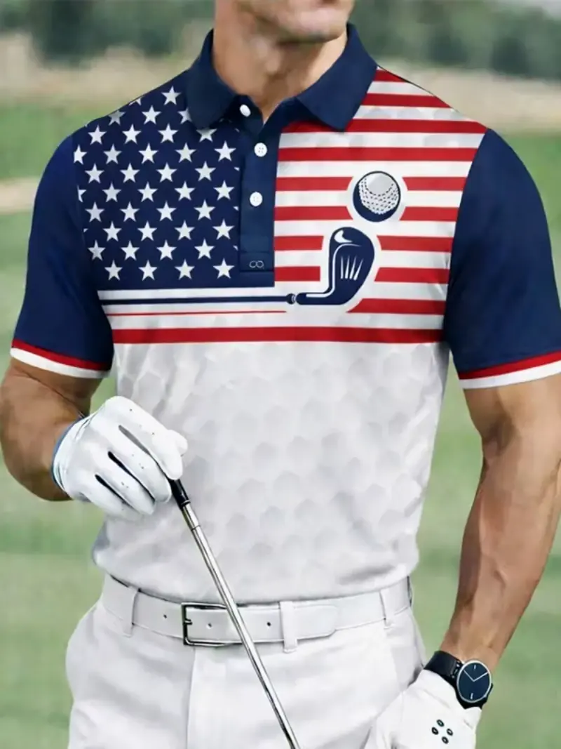 Men's American Flag Golf Club Print Golf Polo Shirt