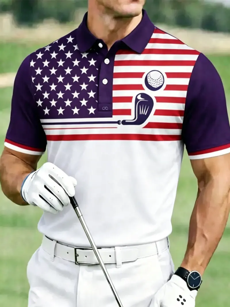 Men's American Flag Golf Club Print Golf Polo Shirt