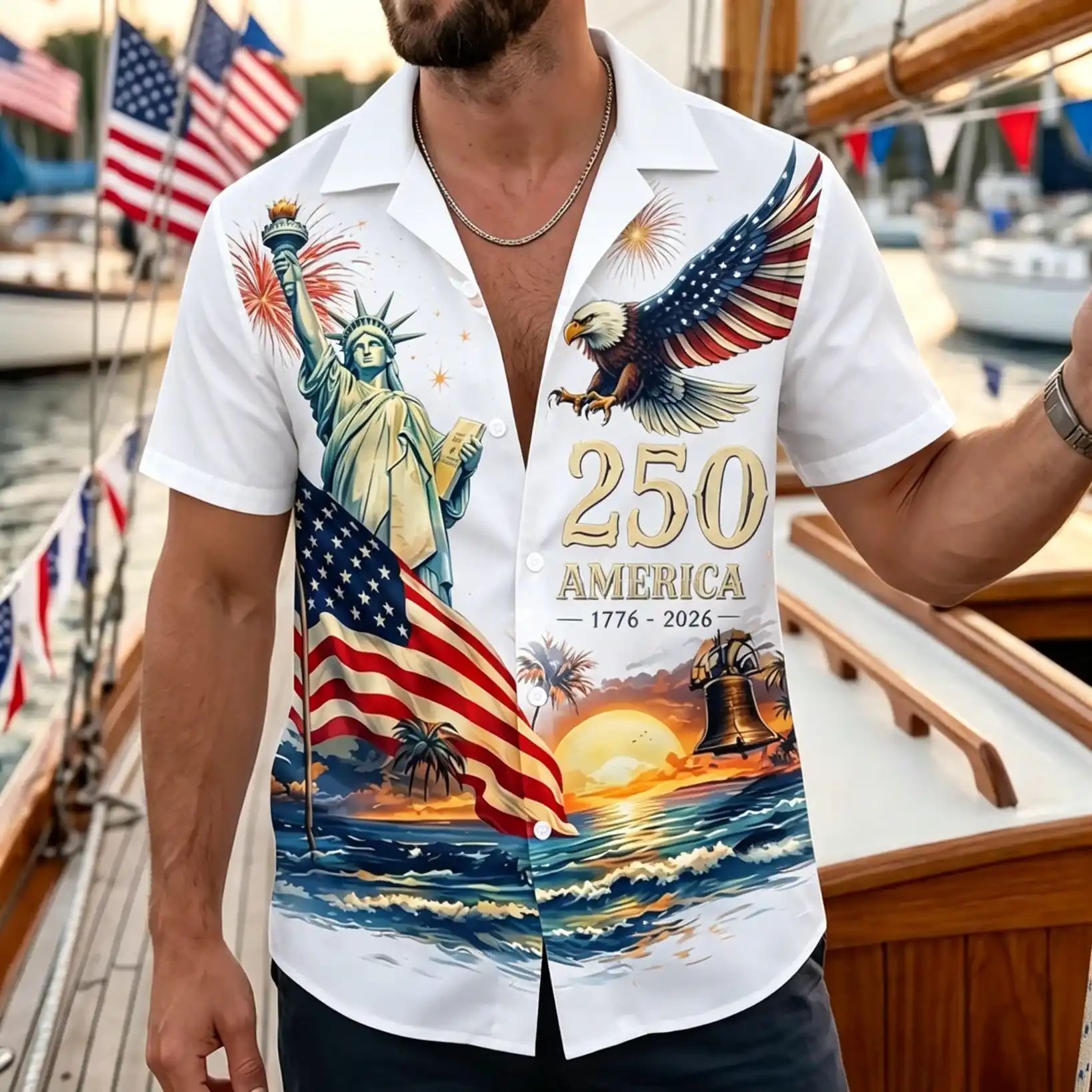 Men's America 250th 1776-2026 Statue of Liberty Eagle USA Flag Sunset Patriotic Short Sleeve Button Down Shirt