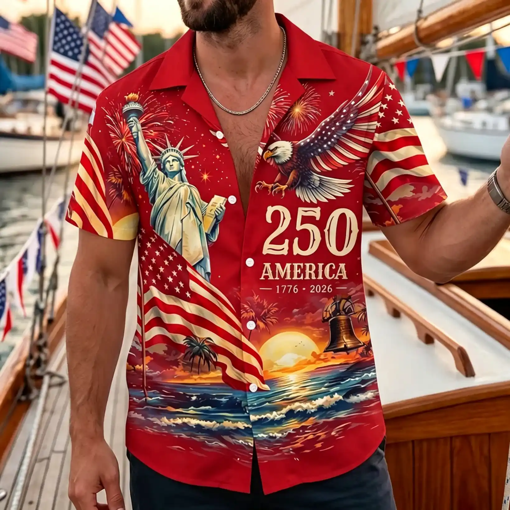 Men's America 250th 1776-2026 Statue of Liberty Eagle USA Flag Sunset Patriotic Short Sleeve Button Down Shirt