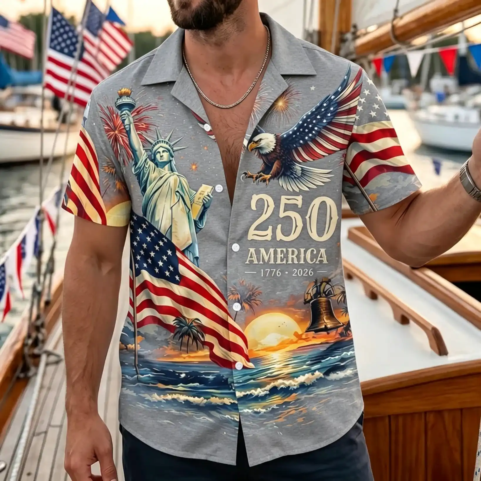 Men's America 250th 1776-2026 Statue of Liberty Eagle USA Flag Sunset Patriotic Short Sleeve Button Down Shirt