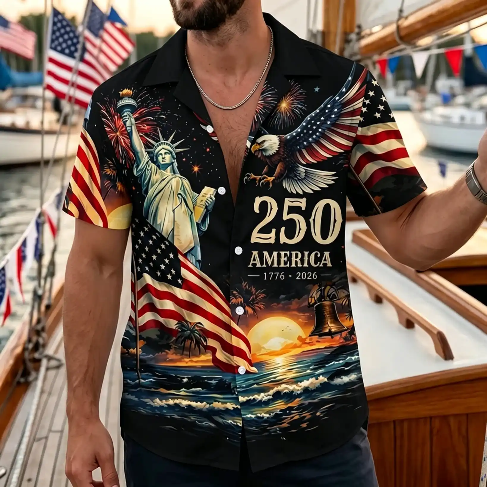 Men's America 250th 1776-2026 Statue of Liberty Eagle USA Flag Sunset Patriotic Short Sleeve Button Down Shirt