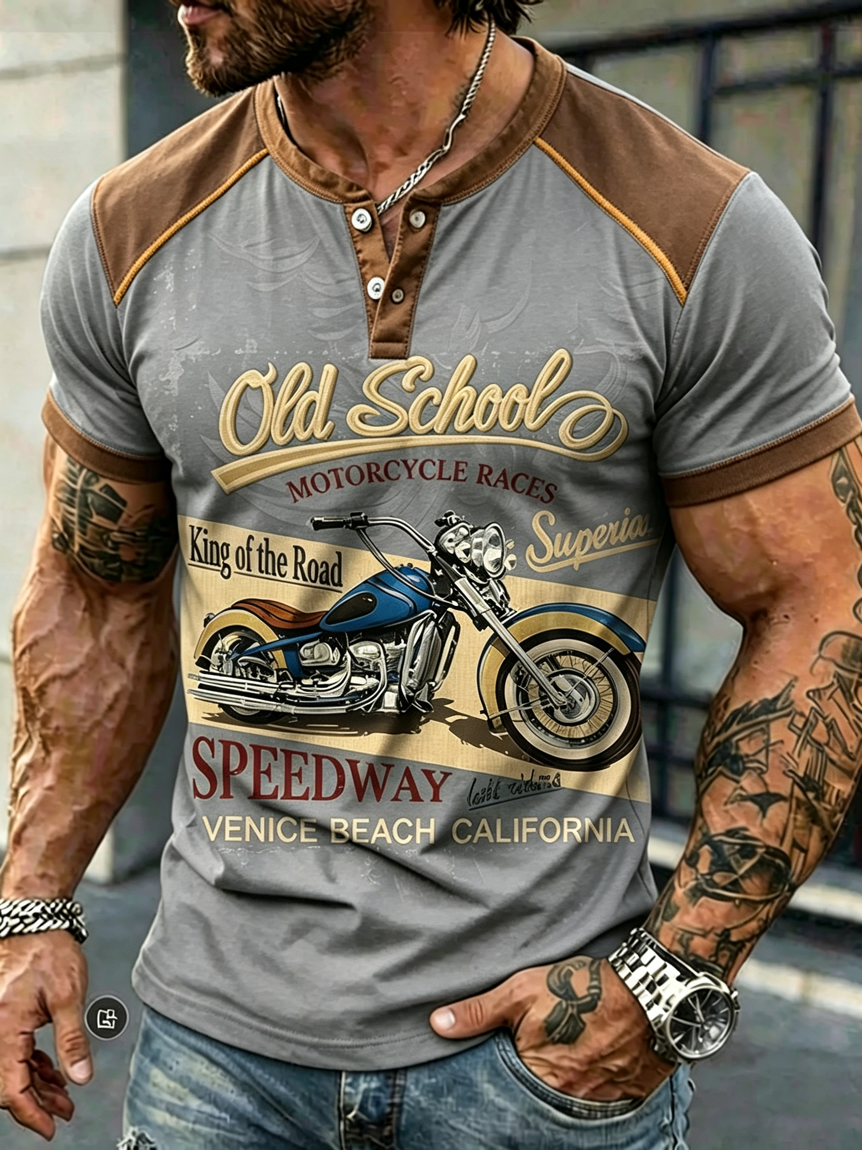 Men's Old School Motorcycle Raglan Short Sleeve Henley T-Shirt