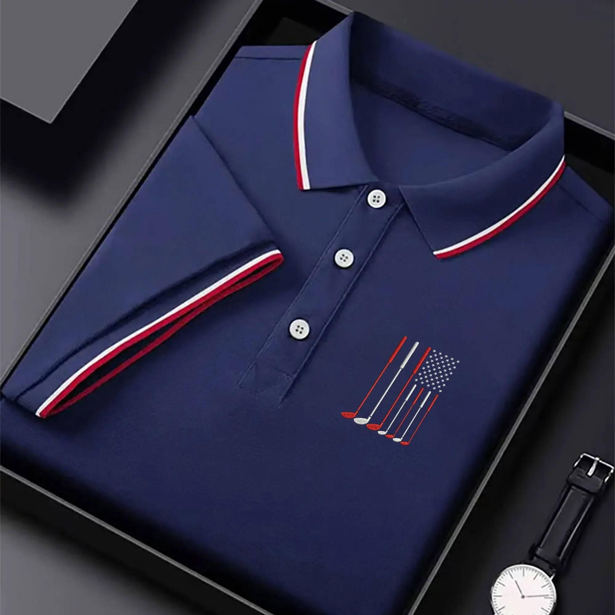 Men's USA Flag Golf Club Embroidered Polo Shirt - Patriotic Performance Golf Apparel