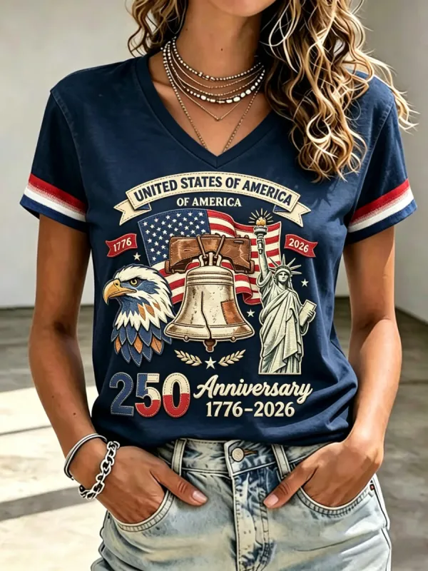 Women's Patriotic 250th Anniversary V-Neck Tee | Iconic Symbols Print