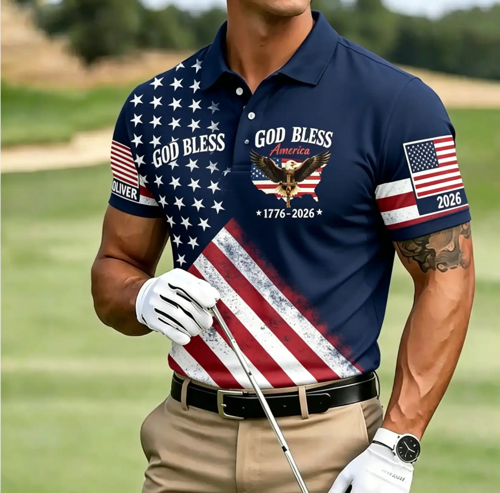 Men's God Bless America Eagle USA Flag 1776-2026 Patriotic Short Sleeve Polo Shirt
