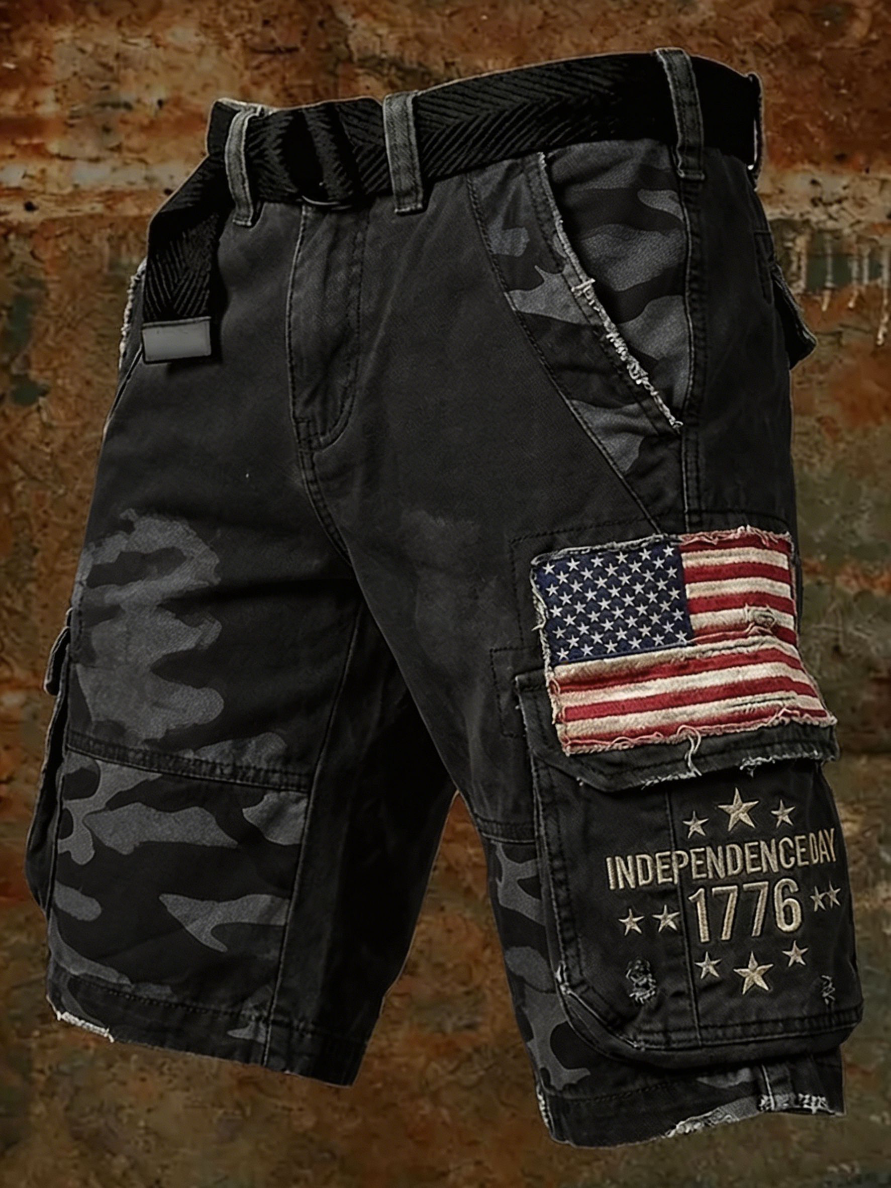 Camouflage Cargo Shorts with American Flag Patch and 1776 Independence Print