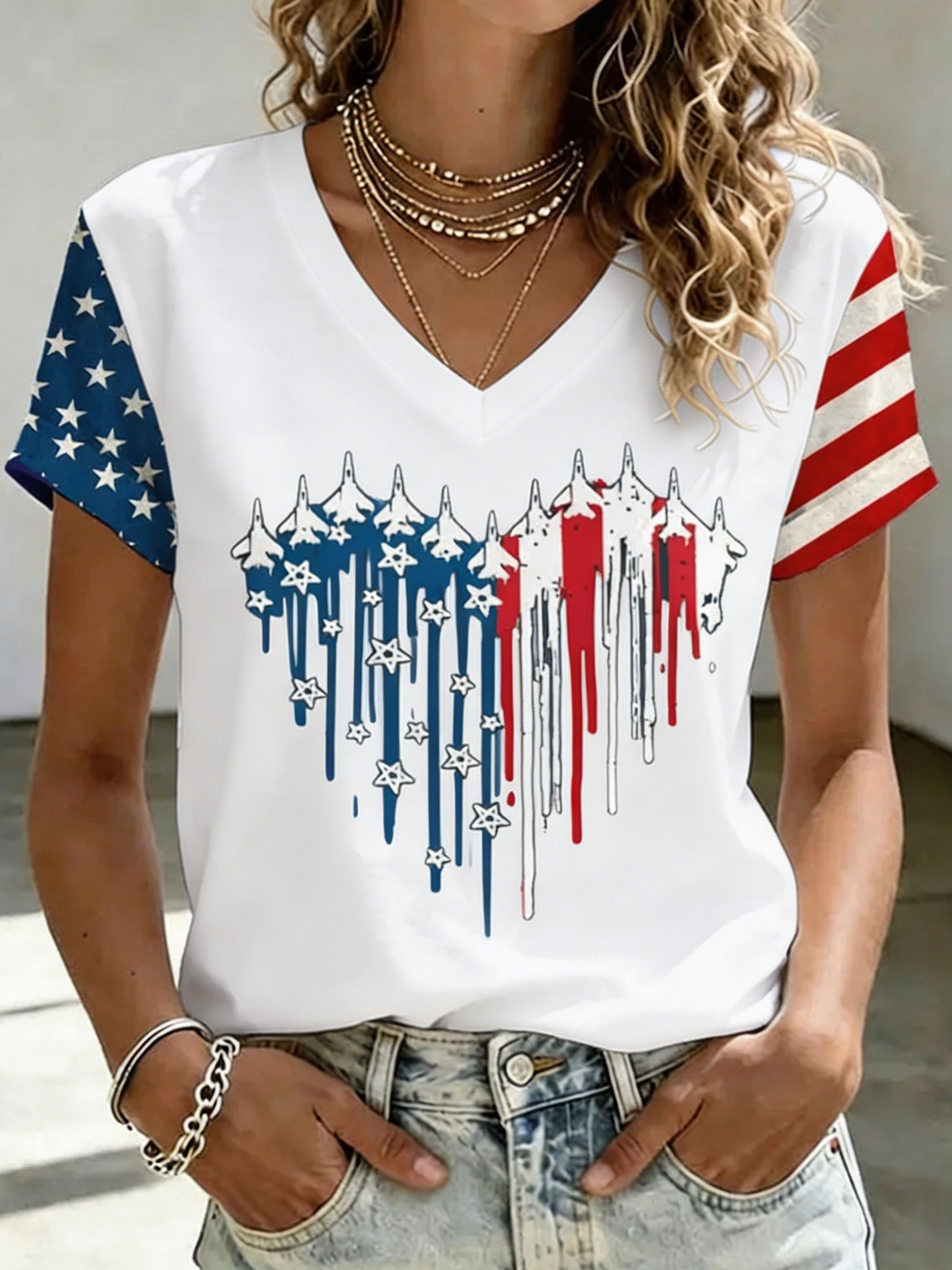 Patriotic USA Jet Flag T-Shirt, Star & Stripe Sleeve V-Neck Casual Top