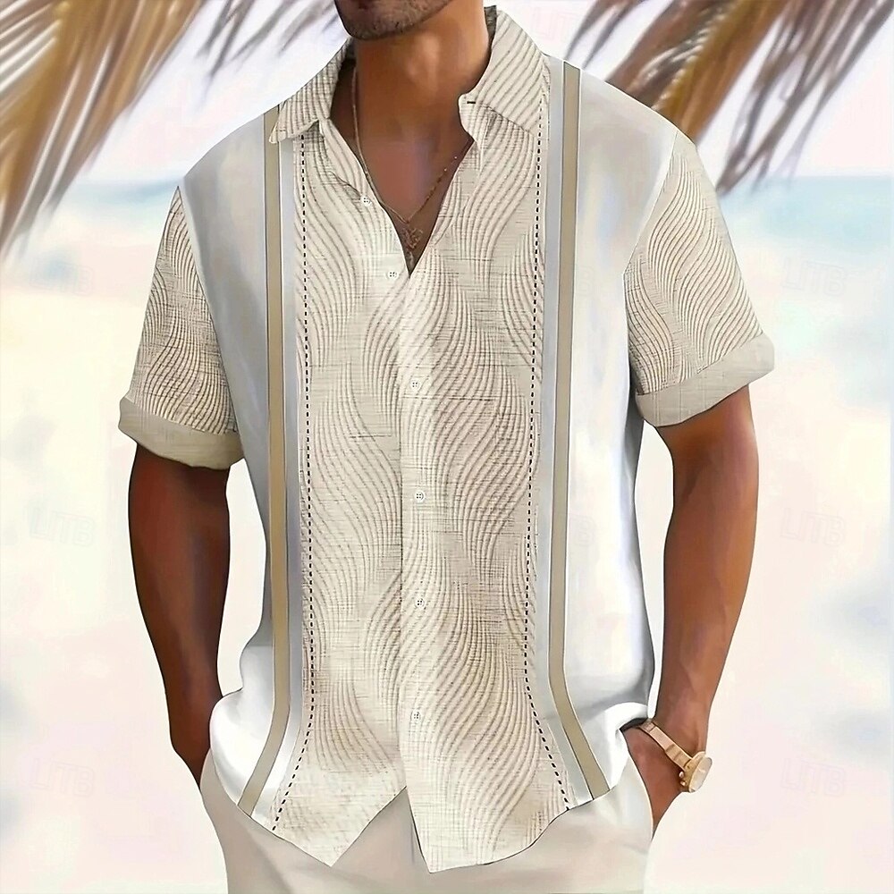 Men's Wave Texture Vertical Stripe Print Short Sleeve Resort Shirt