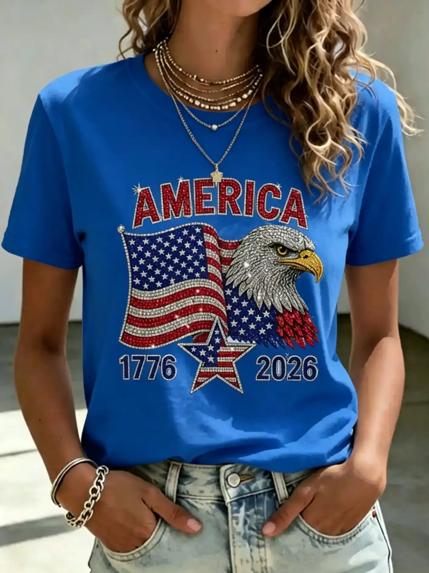 Women's Rhinestone America Eagle USA Flag 1776-2026 Patriotic Short Sleeve T-Shirt