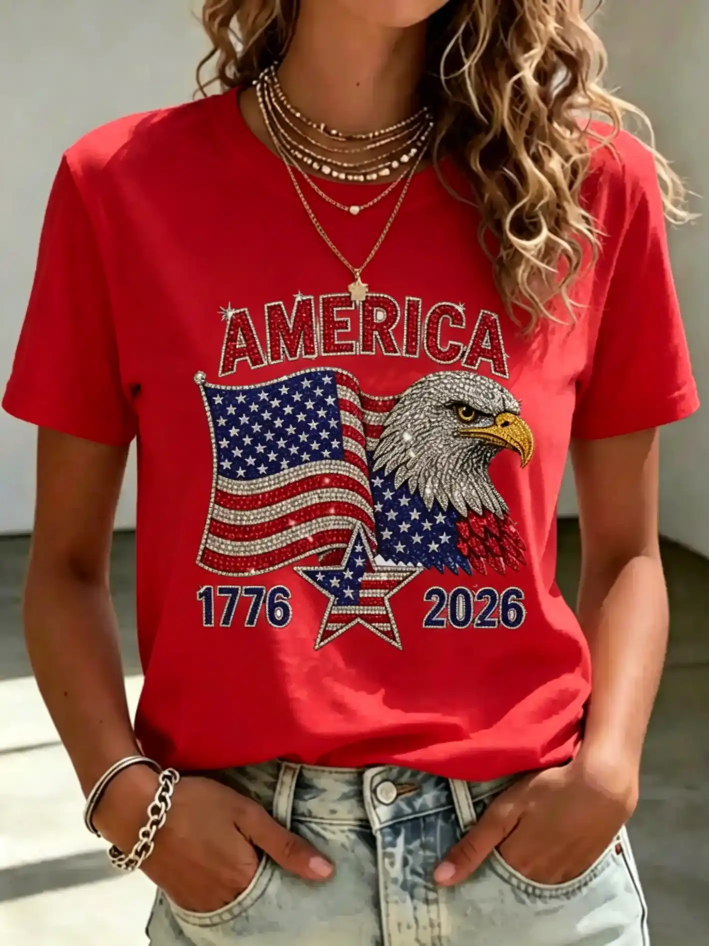 Women's Rhinestone America Eagle USA Flag 1776-2026 Patriotic Short Sleeve T-Shirt