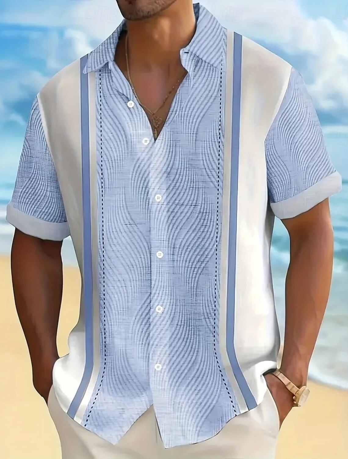 Men's Wave Texture Vertical Stripe Print Short Sleeve Resort Shirt