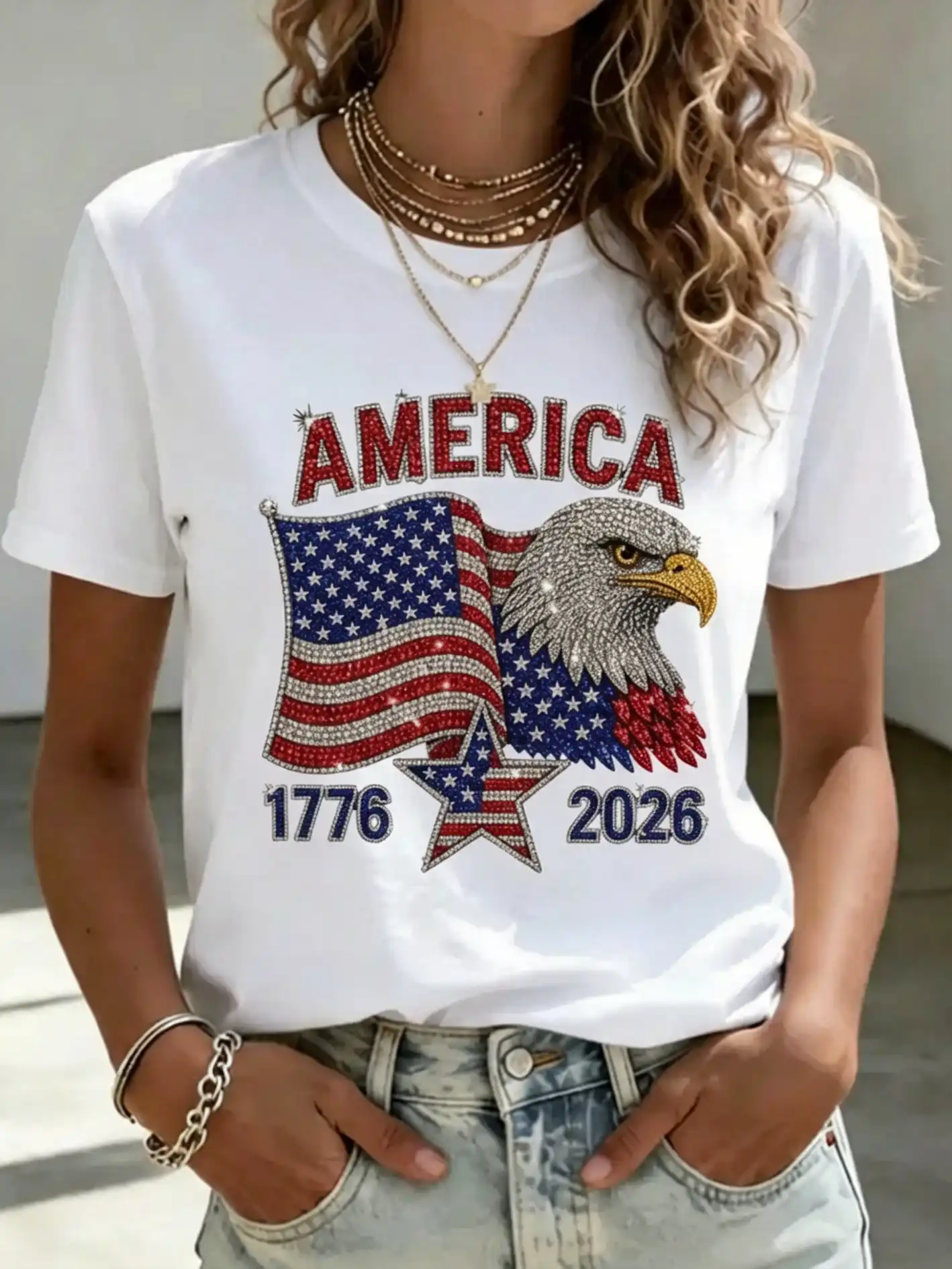 Women's Rhinestone America Eagle USA Flag 1776-2026 Patriotic Short Sleeve T-Shirt