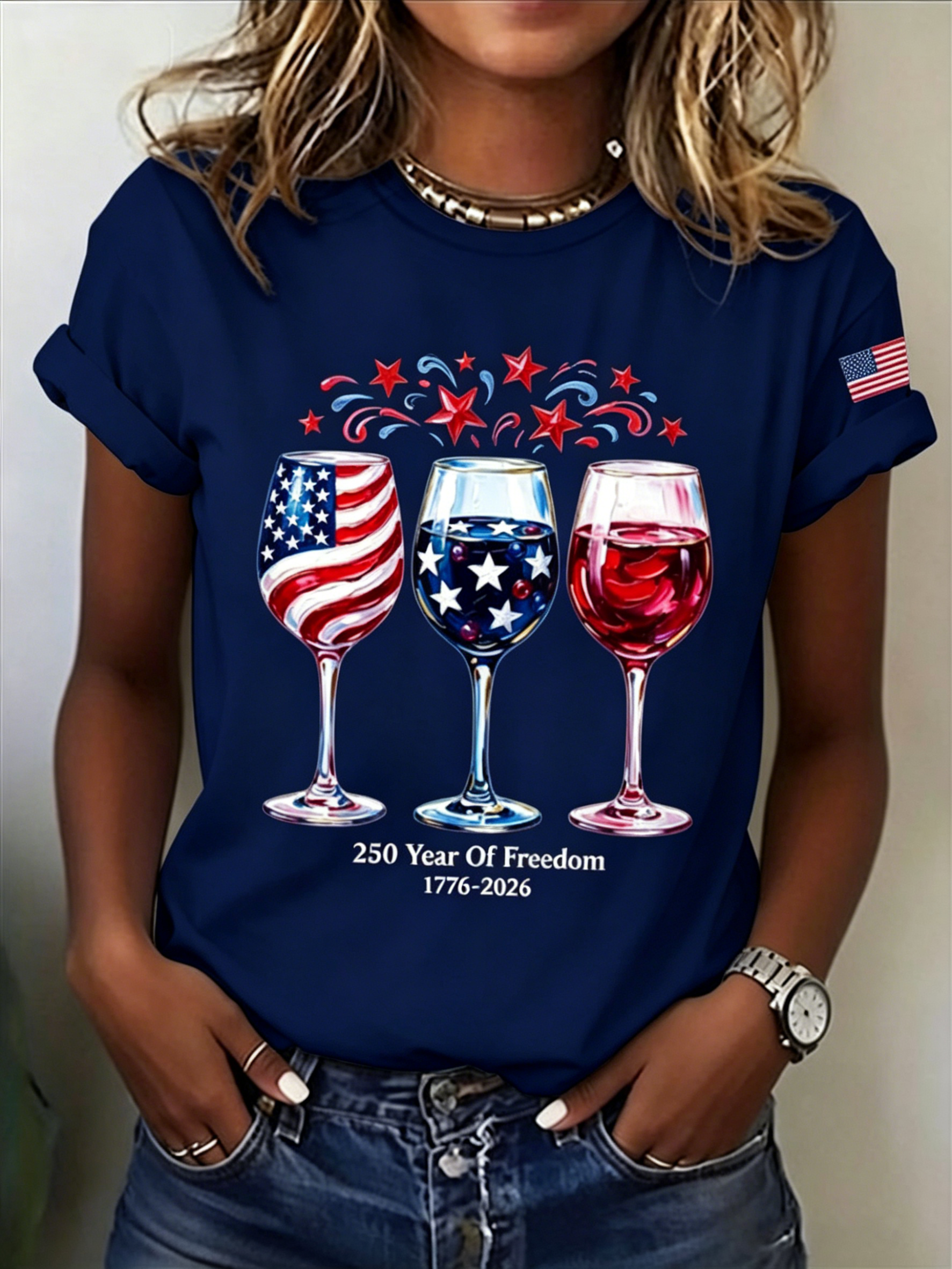 Women’s Patriotic Wine Glass Print T-Shirt, 250th Independence Day Casual Short Sleeve Tee