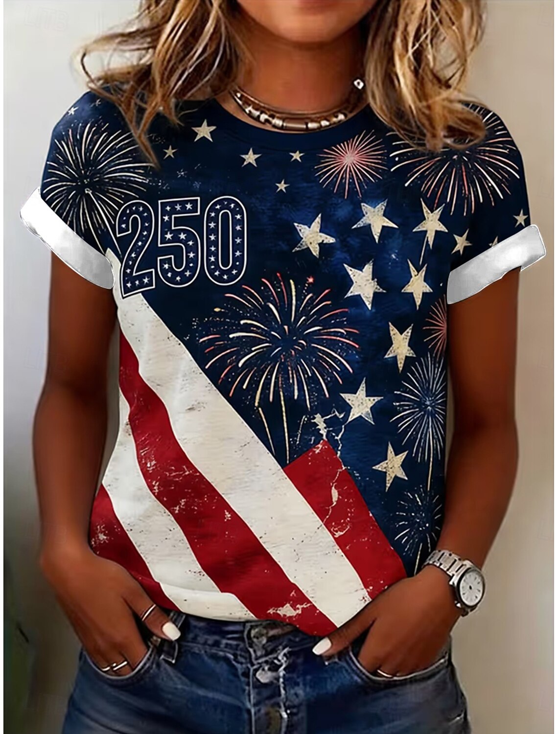 Women's Vintage Distressed Firework Star Diagonal USA Flag 250 Number Print Crew Neck Roll Cuff Short Sleeve Tee
