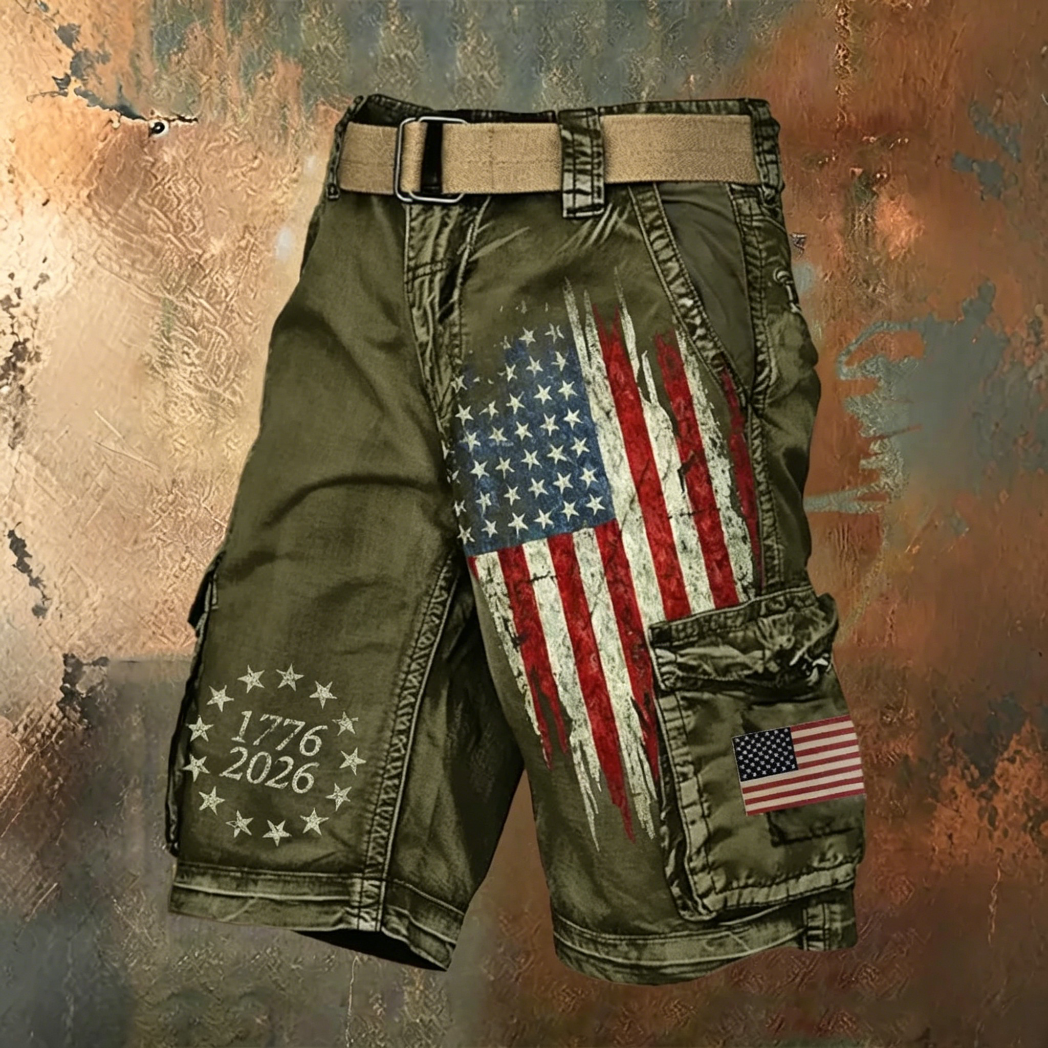 Vintage American Flag Print Cargo Shorts, Patriotic 1776-2026 Distressed Casual Shorts