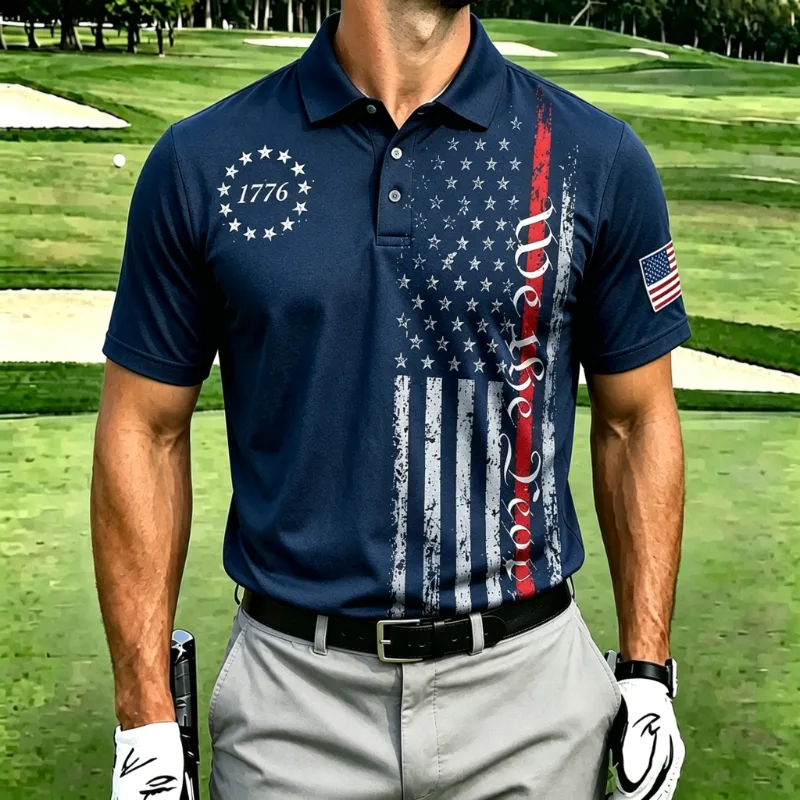 Men's Patriotic Flag Print Short Sleeve Golf Polo Shirt