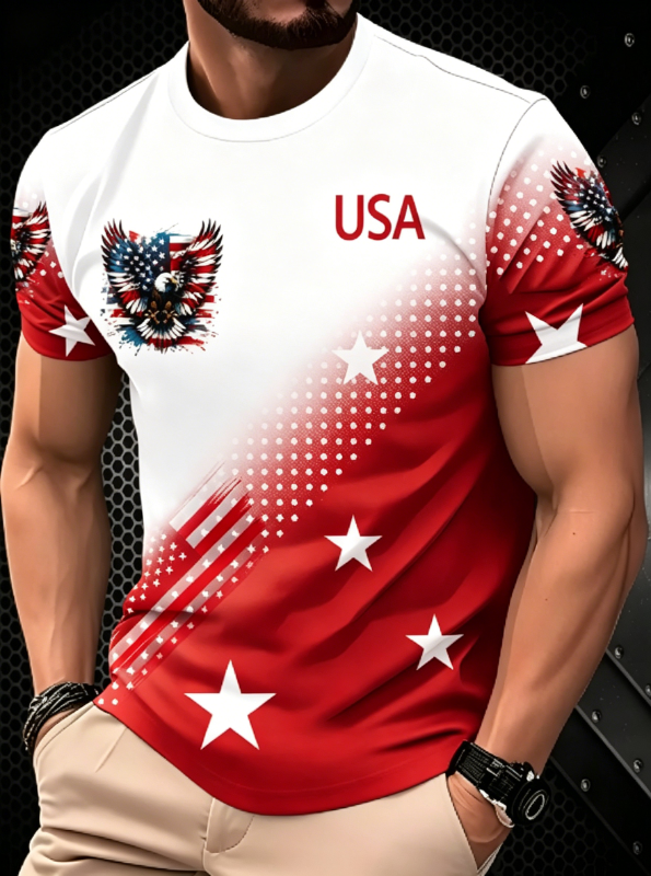 Men's Gradient Dot Eagle Star Flag Graphic Short Sleeve Tee
