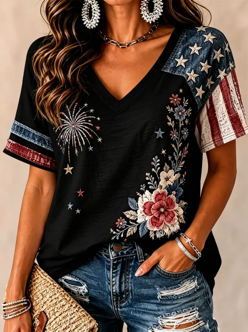 Women's Patriotic Firework Floral Color Block Short Sleeve T-Shirt