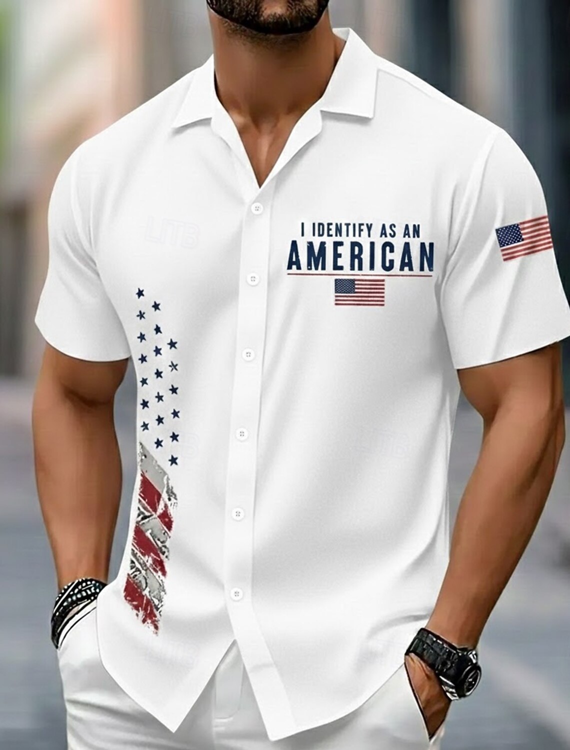 Men's I Identify As An American Vertical USA Flag Print Short Sleeve Lapel Button Down Shirt