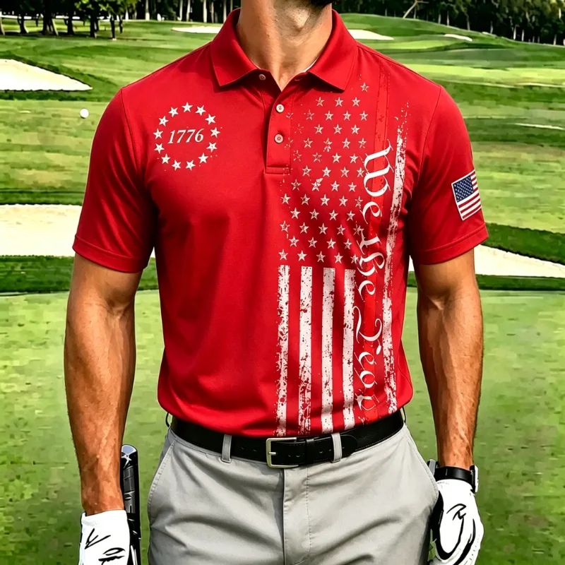 Men's Patriotic Flag Print Short Sleeve Golf Polo Shirt