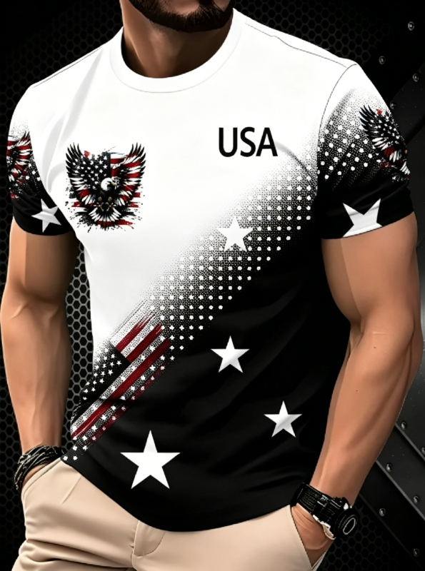 Men's Gradient Dot Eagle Star Flag Graphic Short Sleeve Tee