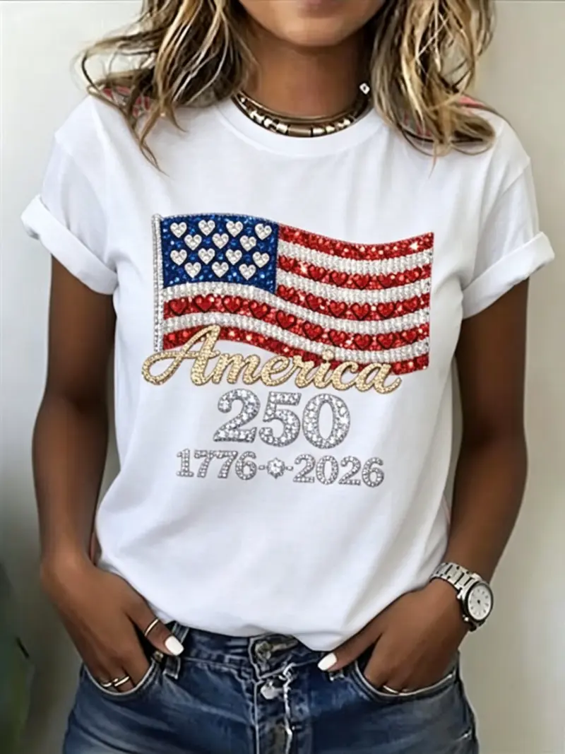 Women's Patriotic Rhinestone Flag Short Sleeve T-Shirt