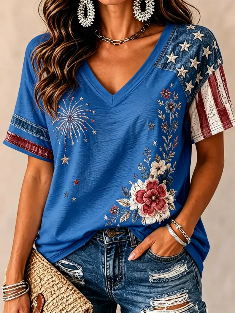 Women's Patriotic Firework Floral Color Block Short Sleeve T-Shirt