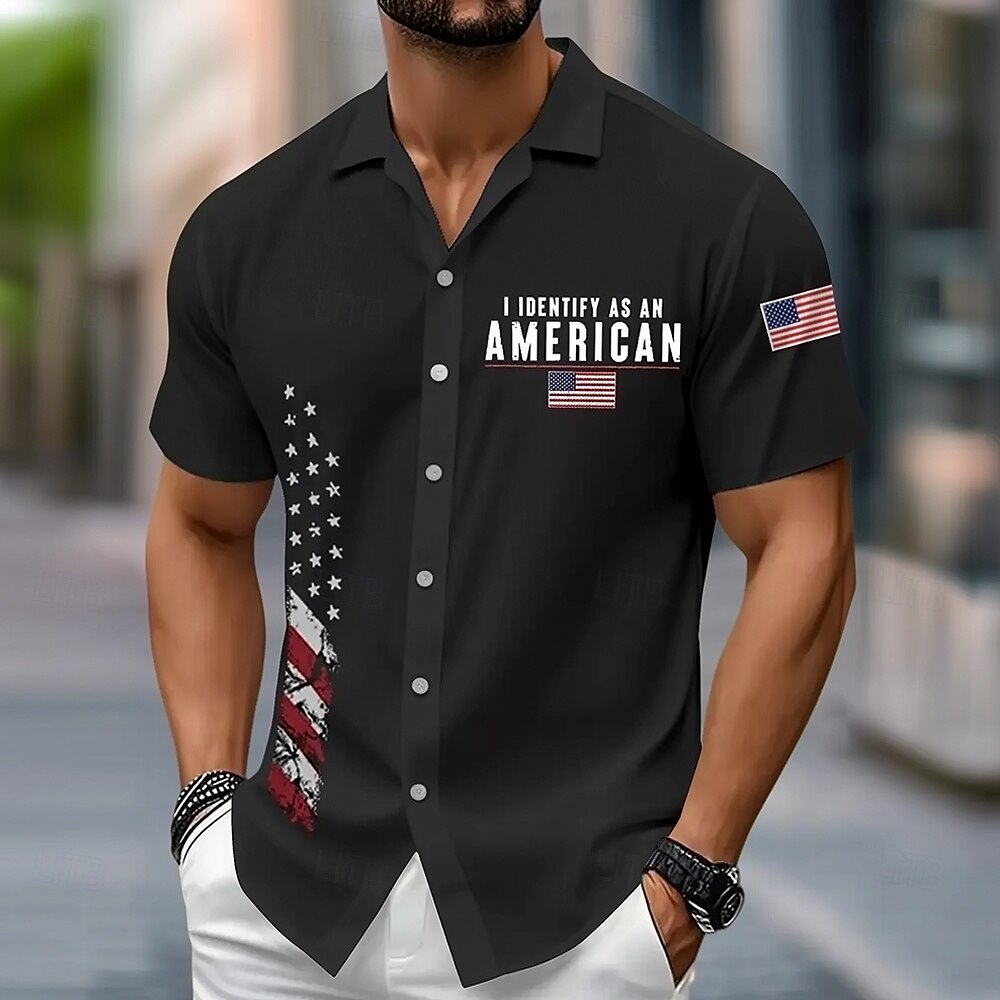 Men's I Identify As An American Vertical USA Flag Print Short Sleeve Lapel Button Down Shirt