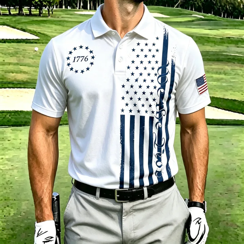 Men's Patriotic Flag Print Short Sleeve Golf Polo Shirt