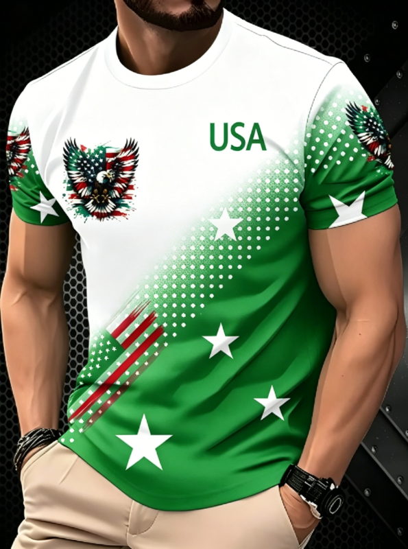 Men's Gradient Dot Eagle Star Flag Graphic Short Sleeve Tee