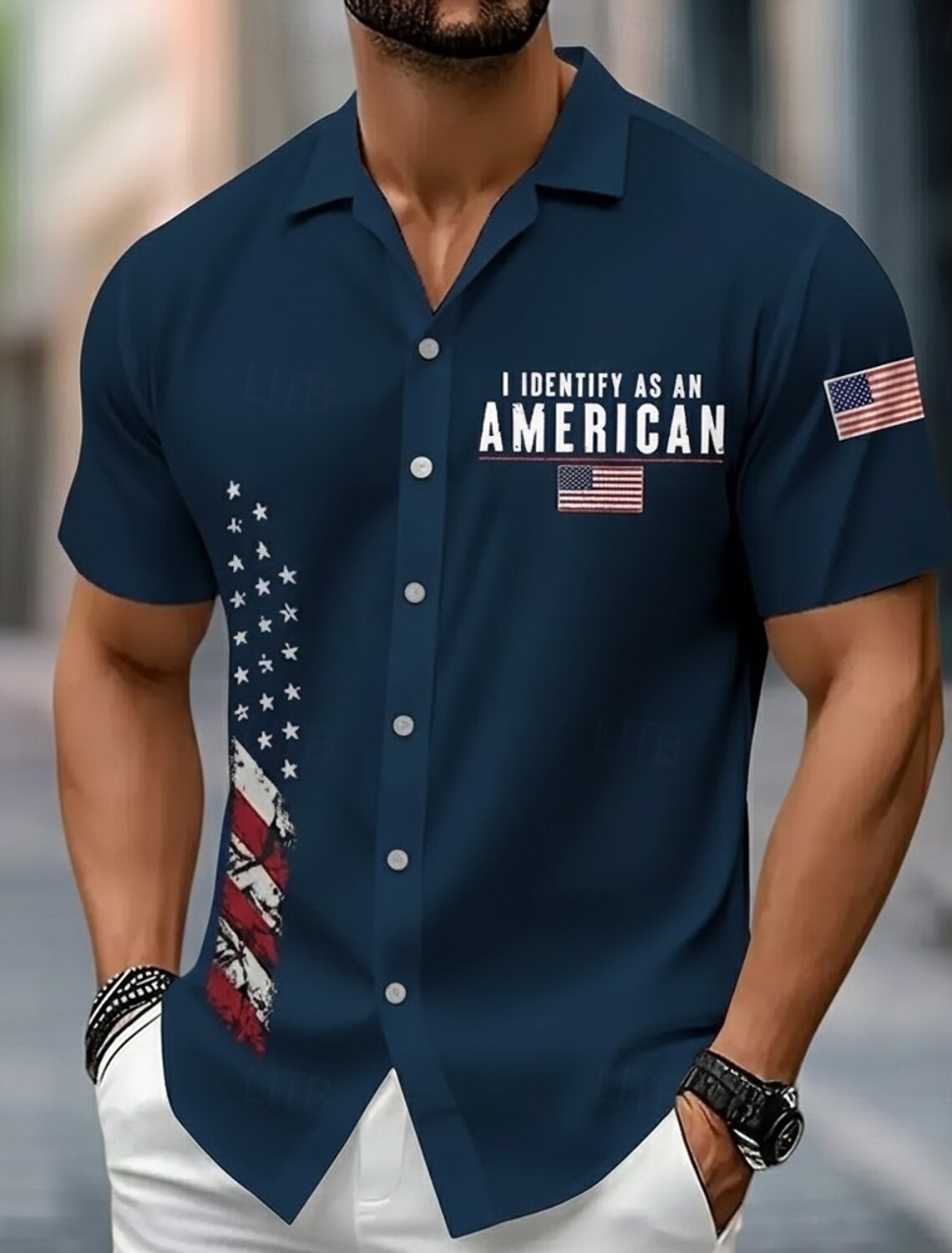 Men's I Identify As An American Vertical USA Flag Print Short Sleeve Lapel Button Down Shirt