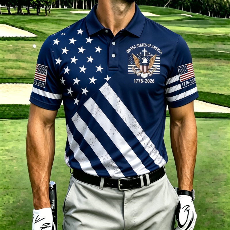 Men's Patriotic Eagle Flag Print Short Sleeve Golf Polo Shirt