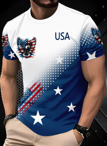 Men's Gradient Dot Eagle Star Flag Graphic Short Sleeve Tee