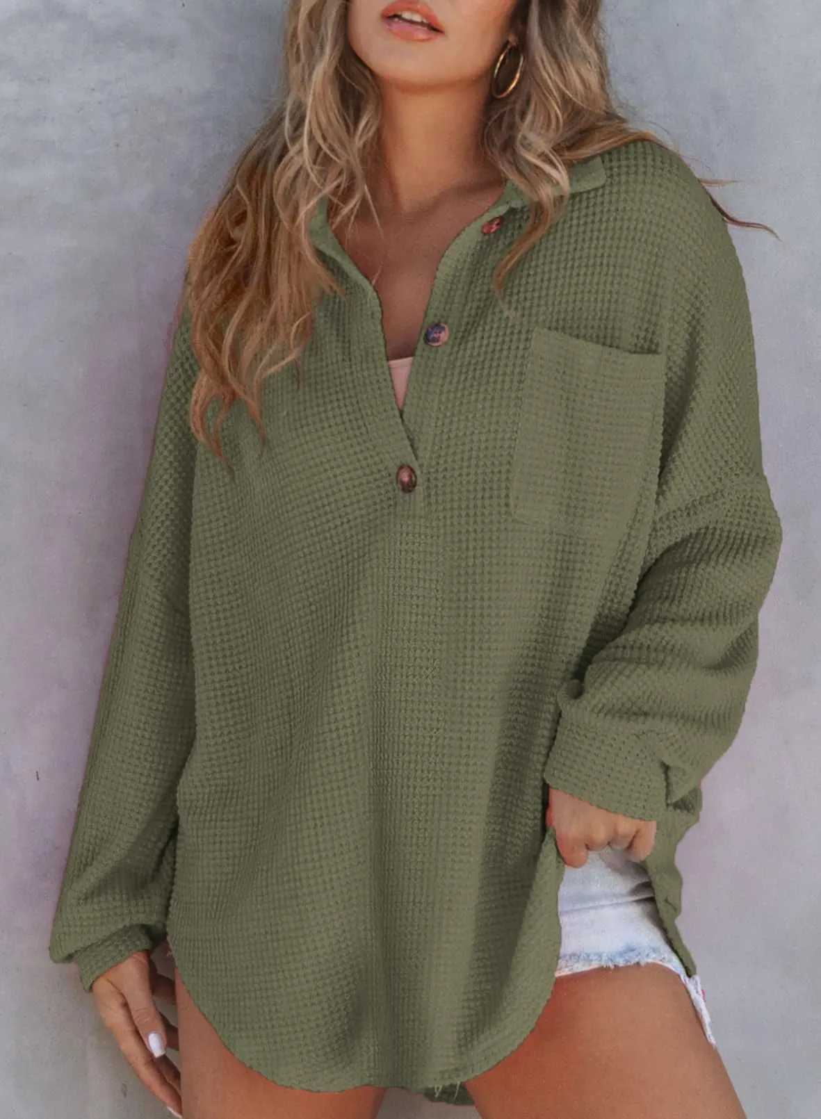 Women's Waffle Knit Henley Button Shirt Jacket