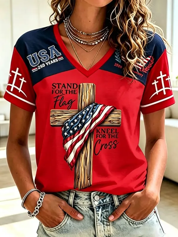 Women's Faith & Patriotic Color Block V-Neck Short Sleeve T-Shirt