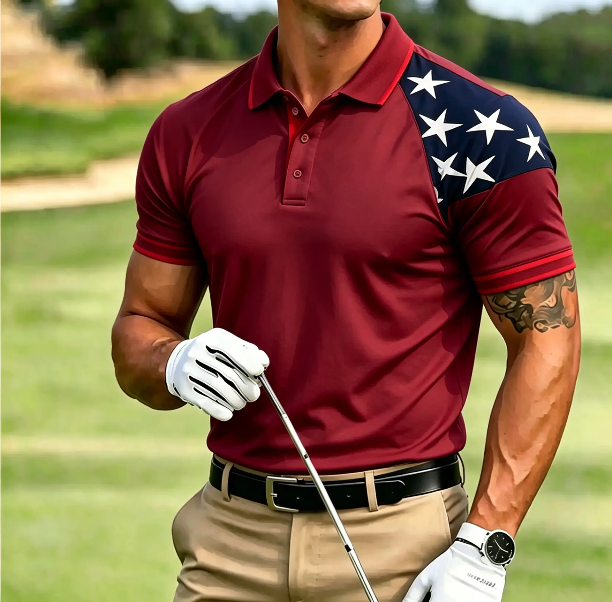 Men's Raglan Star USA Flag Shoulder Patch Burgundy Short Sleeve Golf Polo Shirt