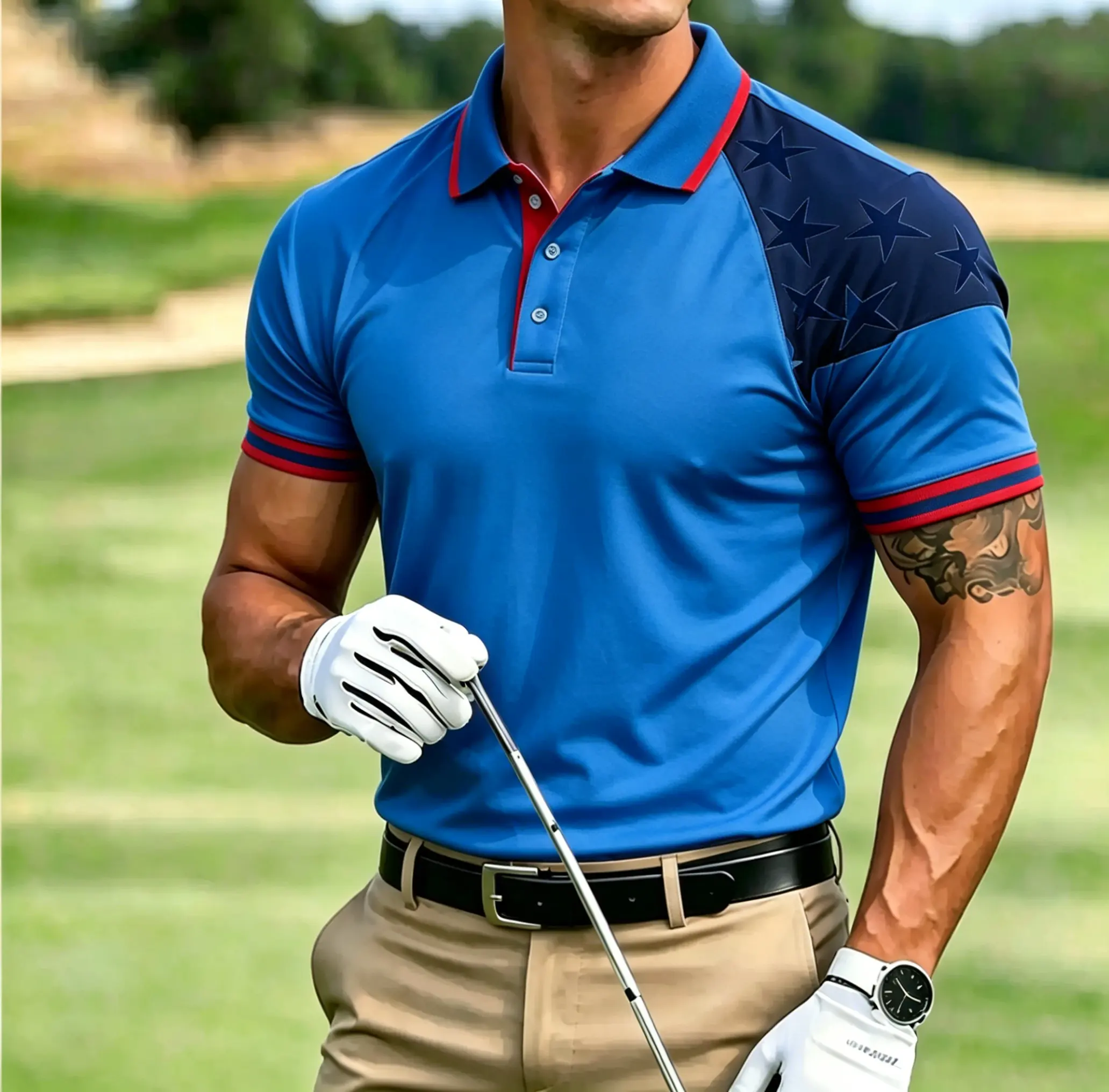 Men's Raglan Star USA Flag Shoulder Patch Burgundy Short Sleeve Golf Polo Shirt