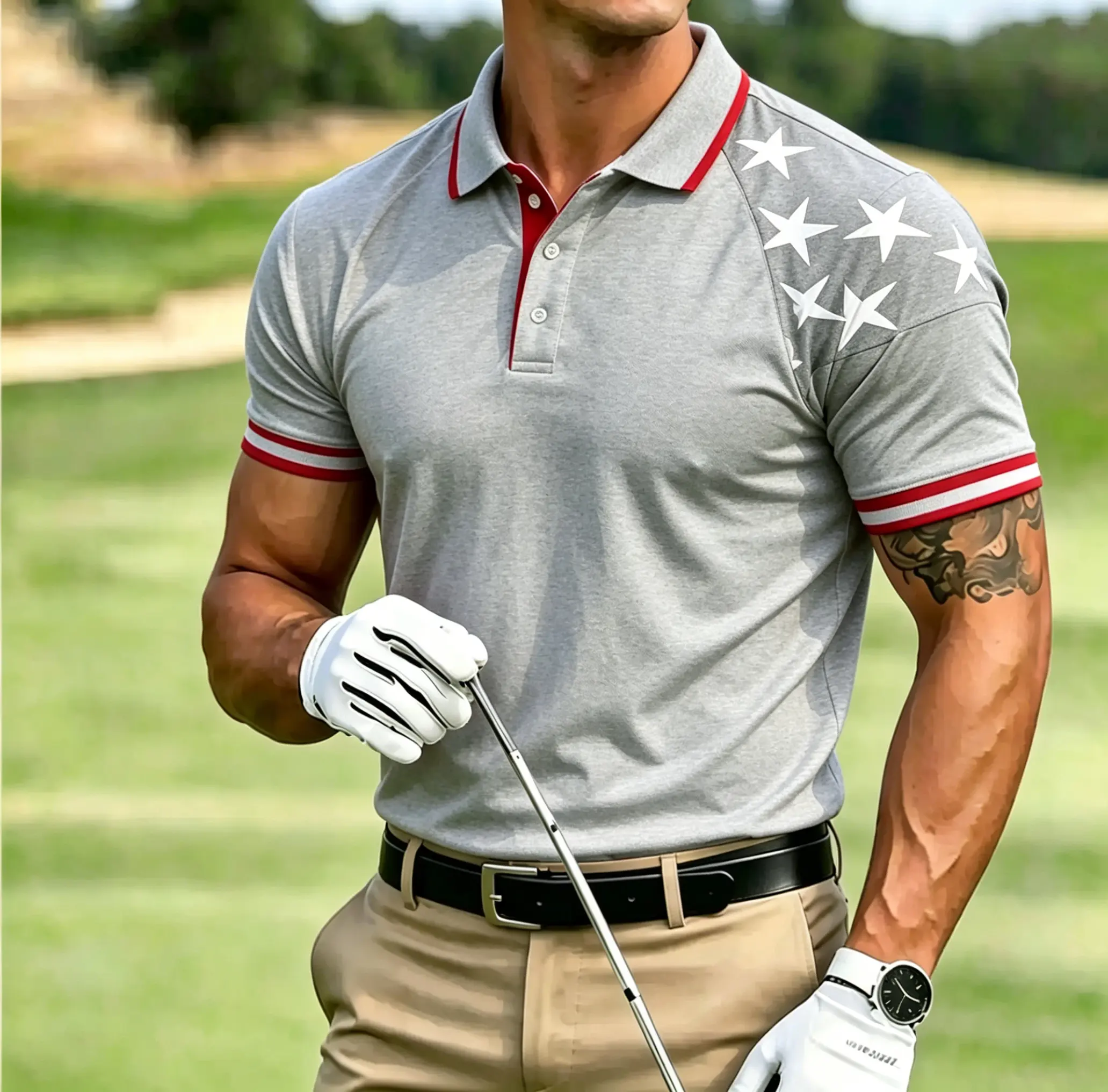 Men's Raglan Star USA Flag Shoulder Patch Burgundy Short Sleeve Golf Polo Shirt