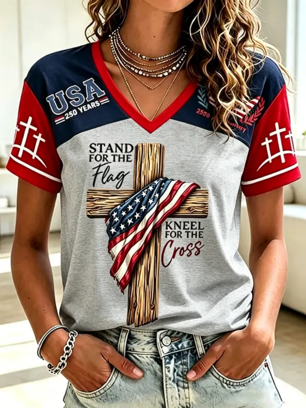Women's Faith & Patriotic Color Block V-Neck Short Sleeve T-Shirt