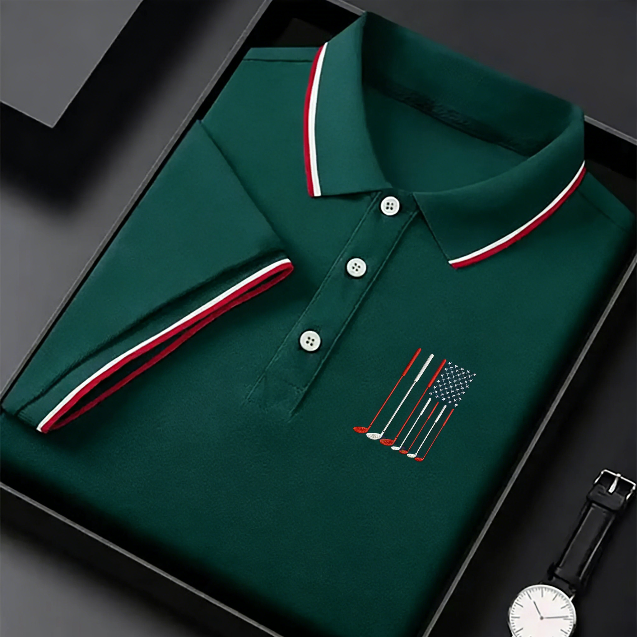 Men's USA Flag Golf Club Embroidered Polo Shirt - Patriotic Performance Golf Apparel