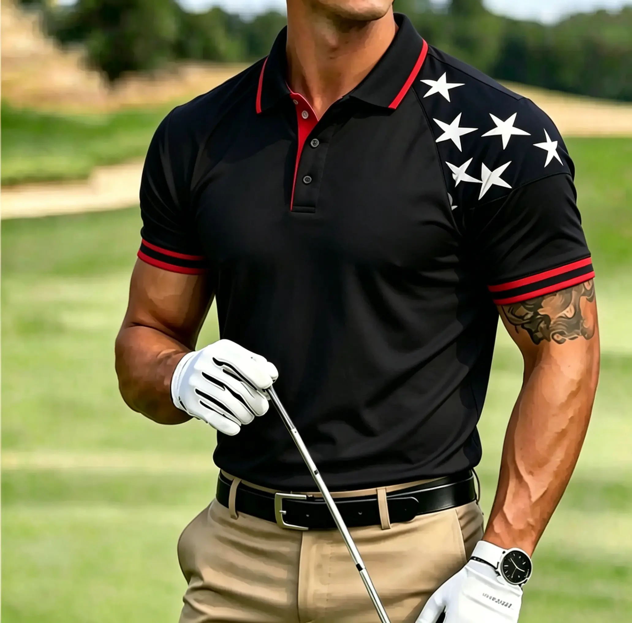 Men's Raglan Star USA Flag Shoulder Patch Burgundy Short Sleeve Golf Polo Shirt