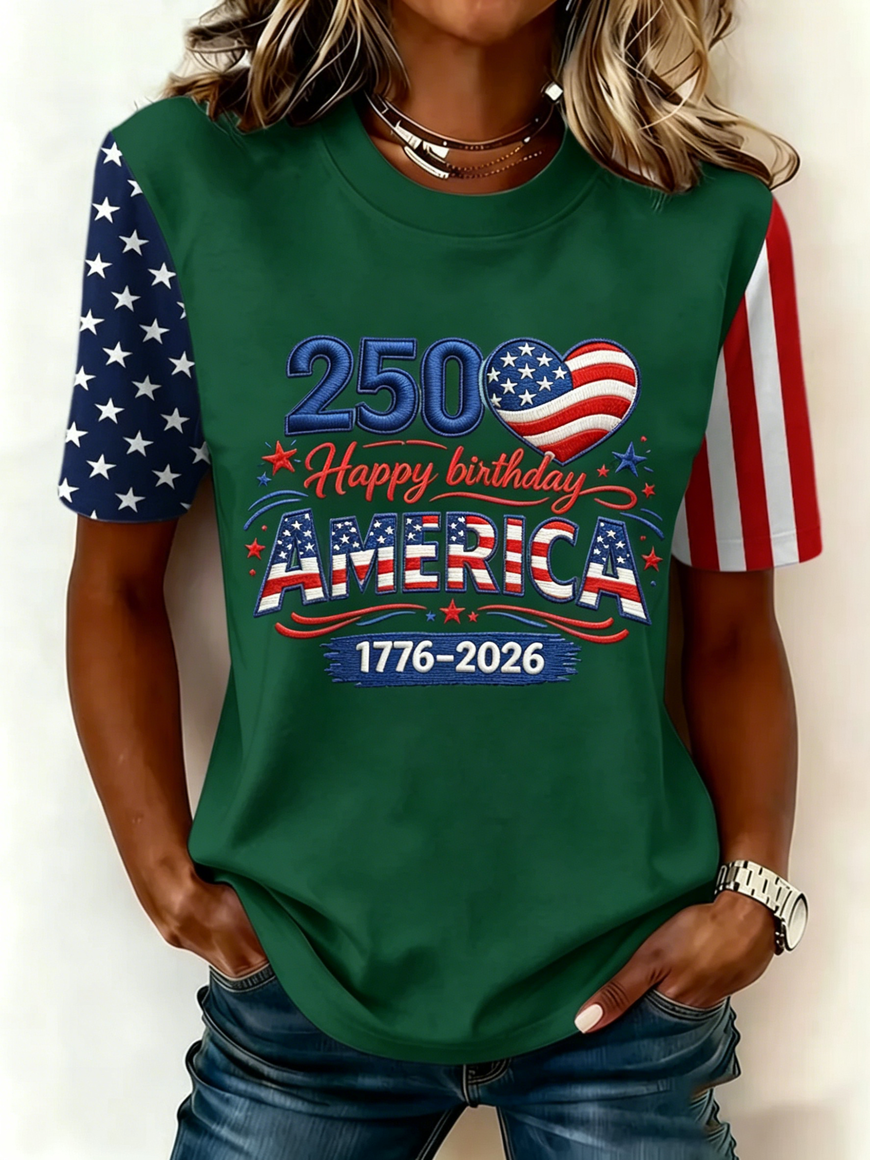 Women’s 250th Independence Day Flag Sleeve T-Shirt, Patriotic “Happy Birthday America” Print Tee