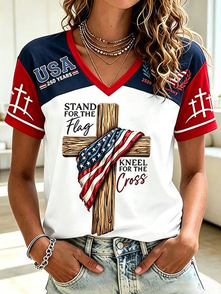 Women's Faith & Patriotic Color Block V-Neck Short Sleeve T-Shirt